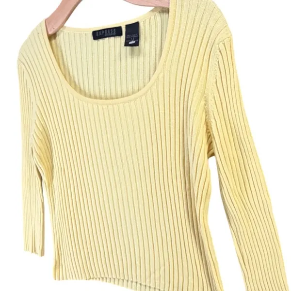 Vintage Y2K Express Ribbed Knit Sweater L Butter Yellow Fitted Stretch Mallcore - Image 3