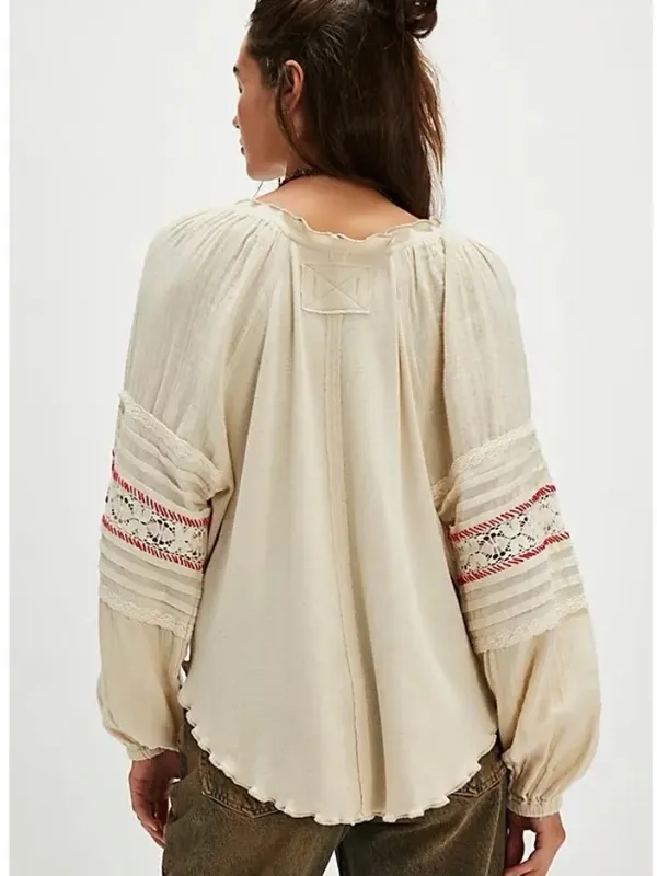 Free People We The Free Lace Sleeve Thermal Boho Peasant Top Cream Small - Image 8