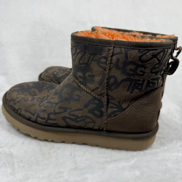 UGG Classic Mini Graffiti Brown Orange Suede Sheepskin Boots 1105432 Womens‎ 8 - Image 8