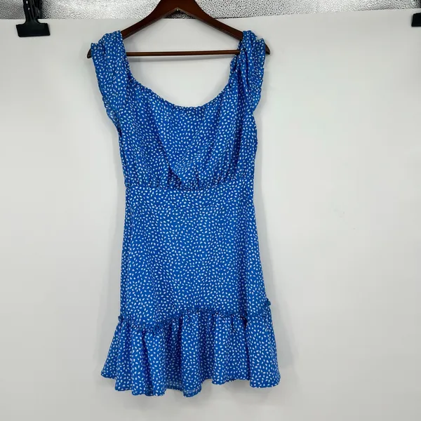 Hello Molly Blue Print Lorelai Mini Dress ruffle sleeve tie front flirty medium - Image 4