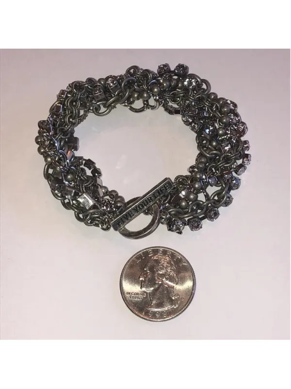 American Eagle Aged Silver Tone Boho CZ Rhinestones Multi Strand Bracelet - Image 3