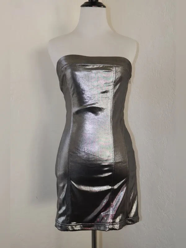 urban outfitter kristy disco metallic silver strapless bodycon mini dress small - Image 2