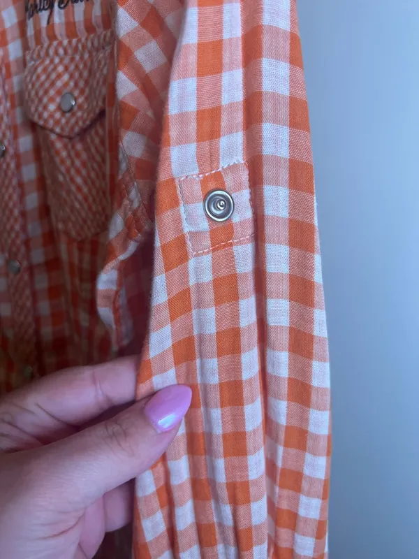 Harley Davidson Orange Gingham Snap Shirt‎ Embroidered Back Small - Image 10