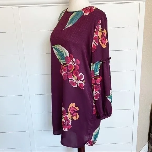 LOFT Womens Plum Purple Tropical Floral‎ Puff Sleeve Shift Dress XSP Petites - Image 9
