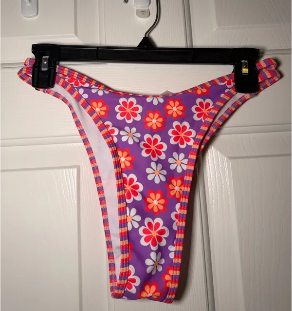 SHEIN Purple Floral Triangle Bikini Set with Pink & Orange Flowers - Image 4