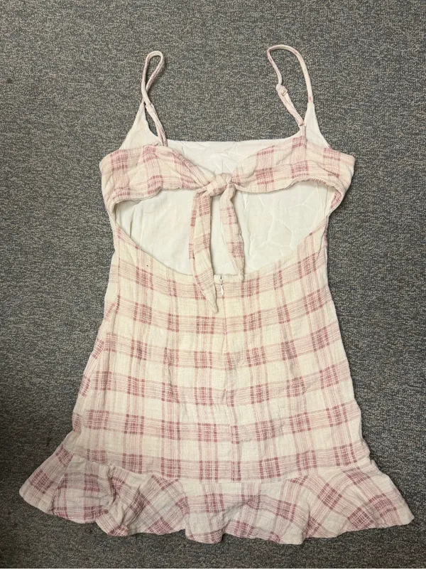 Olivaceous Plaid Mini Cotton Gauze Dress Pink Cottagecore Open Back M Ruffle Hem - Image 7