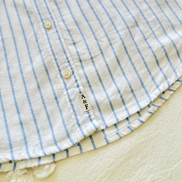 Abercrombie Vintage Y2K Striped Linen Button Up Shirt - White/Blue - S - Image 10