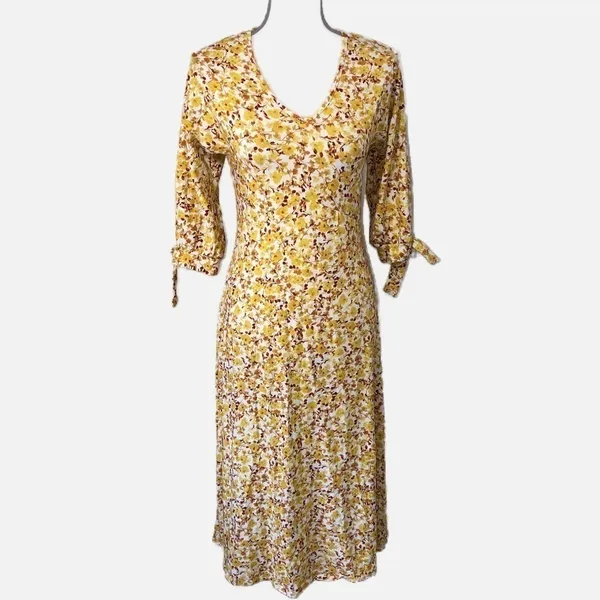Wedding Guest Dress Size M Organic Cotton Amour Vert Yellow Floral Midi Cottage - Image 2