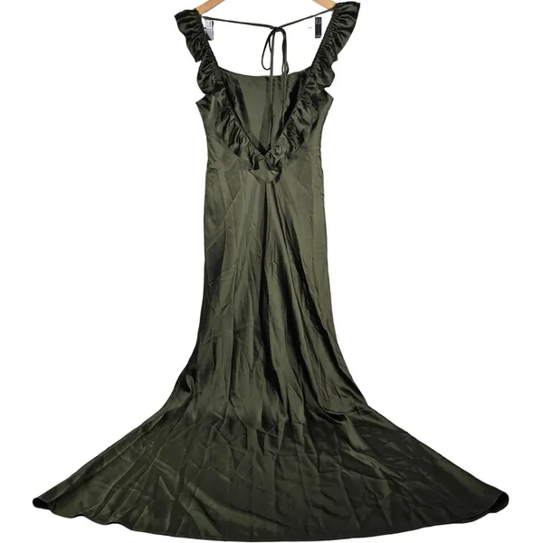 Social Bridesmaids Olive Green Satin Ruffle Flutter‎ Sleeve Maxi Dress XS 8219 - Image 4
