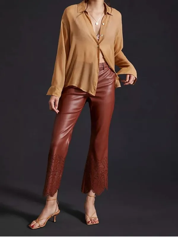 Anthropologie laser cut‎ hem brown faux Leather size 12 ankle crop - Image 3