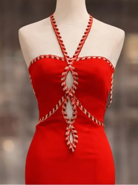 Alyce Paris Red Halter Maxi Dress Size 2 Beaded Keyhole High Slit NWT - Image 5