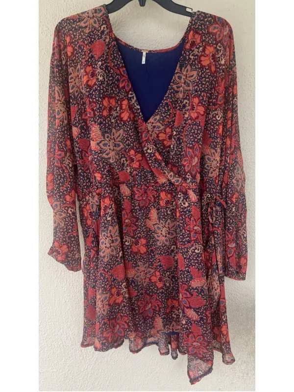 Free People Teegan Mini Dress M Peach Combo Floral V Neck Boho Western Festival - Image 2