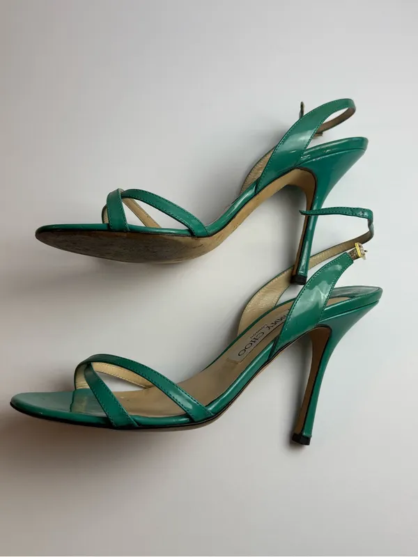 Jimmy Choo Green Patent Leather Strappy Slingback Stiletto Sandals Size 39.5‎ - Image 10