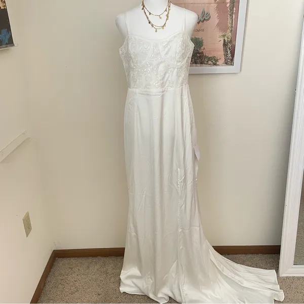 Lulus Elevated Glamour White Satin Sequin Bustier Mermaid Maxi Wedding Dress - Image 5