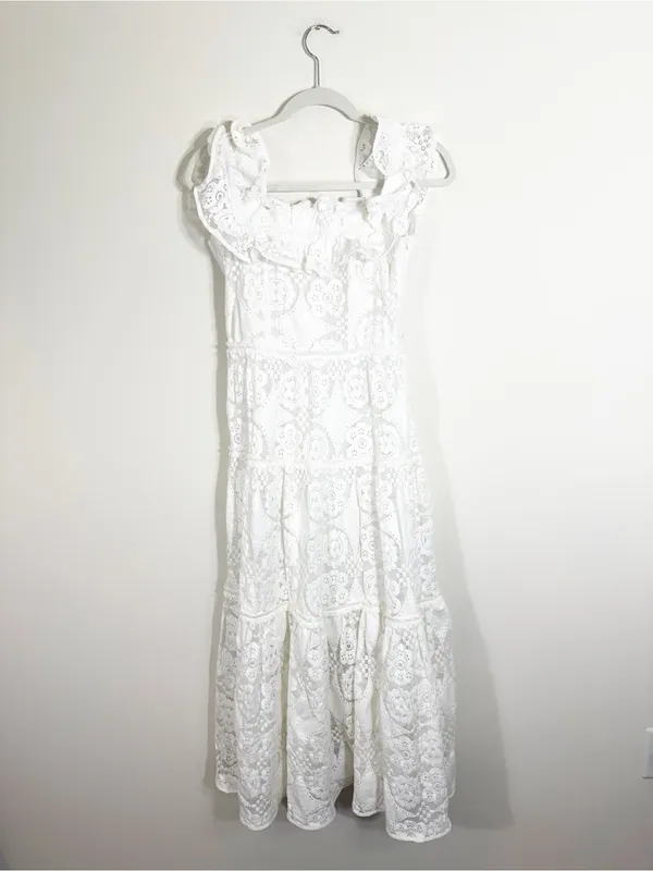 Meimeij White Lace Midi Dress Ruffle Size 6 - Image 2