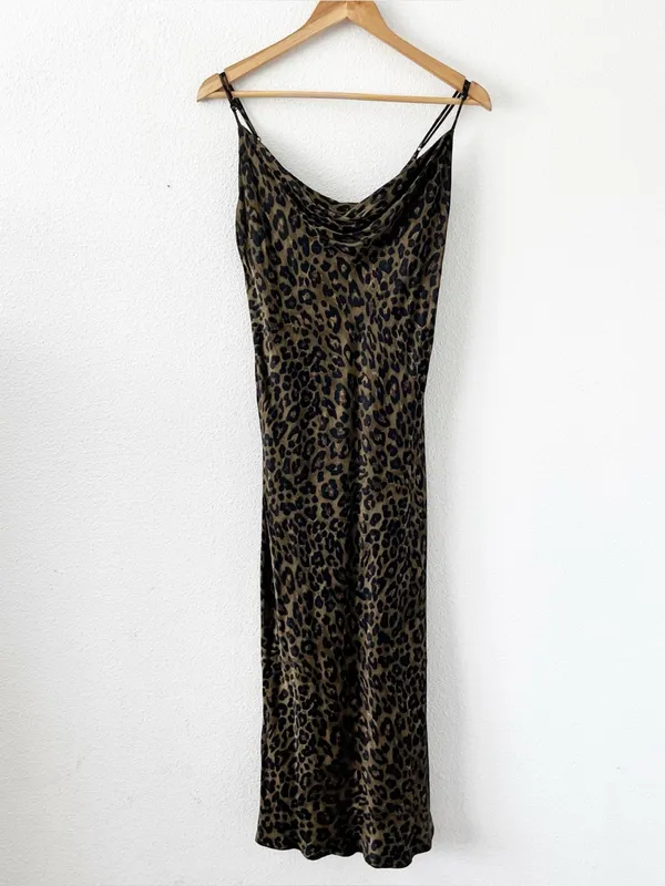 Zara Olive Green Leopard Print Satin Cowl Neck Slip Midi Dress - Image 2