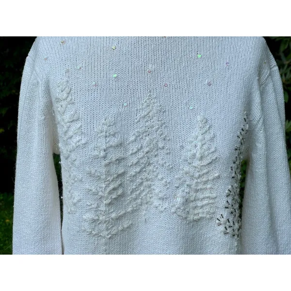 Coldwater Creek Womens XS Winter White Christmas Tree Sweater Holiday Party Cream Beige - Image 3