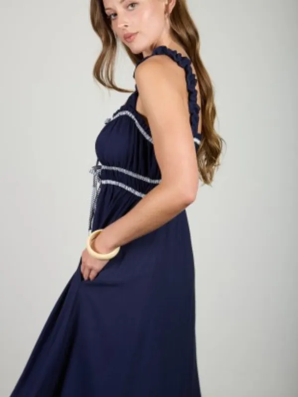 Shirred Stripe Front Tie Sleeveless Midi Dress - Image 6