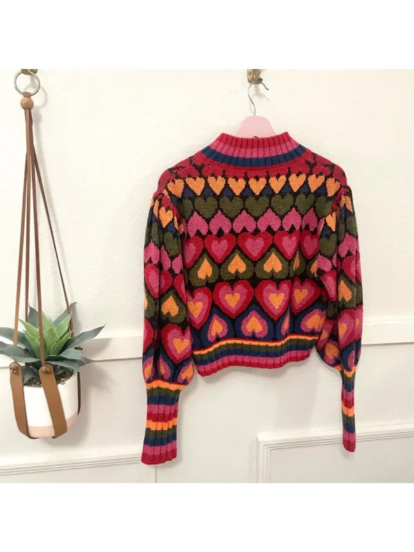 FARM RIO Full Of Hearts Jacquard Mock Neck Sweater Size S Multicolored Knit - Image 7