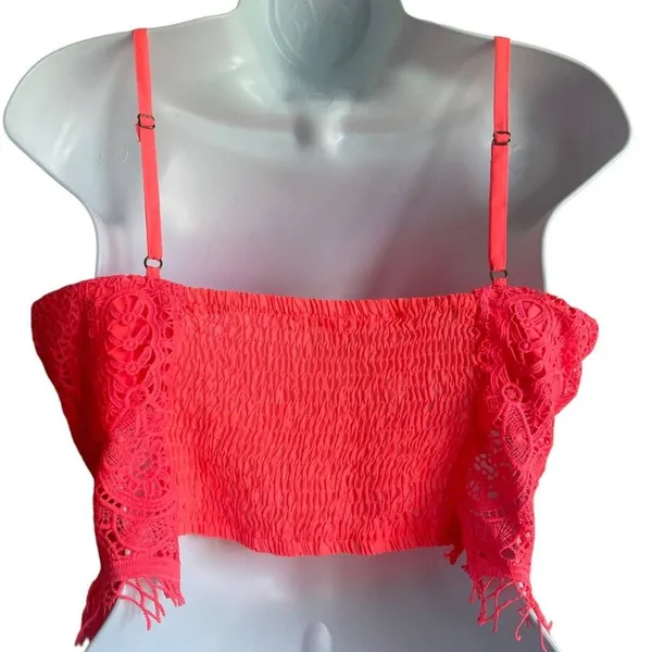 Y2K Women Coquette Festival Lace Crop Top‎ Corset L Neon Orange Smocked Bustier - Image 2