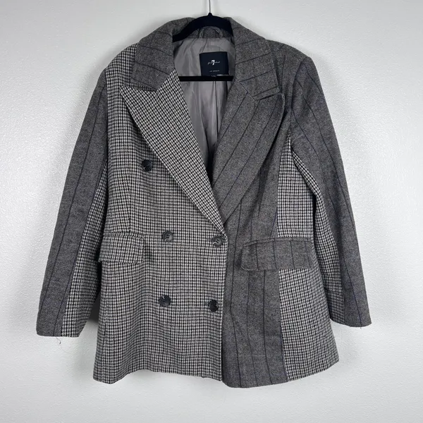 7‎ For All Mankind Womens Mixed Pattern Double Breasted Blazer Gray Wool Blend L - Image 3