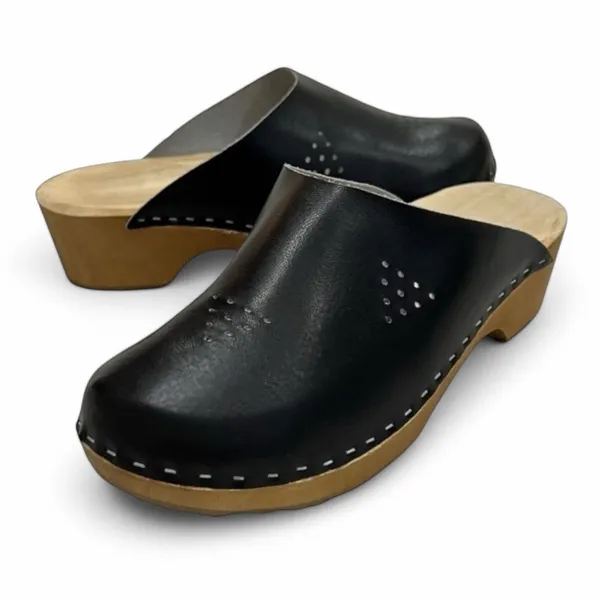Marcus Black Leather Wooden Swedish Clogs Size 36 - Image 14