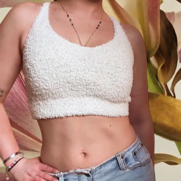 POL White Fuzzy Knit Cropped Sweater Tank - Image 2