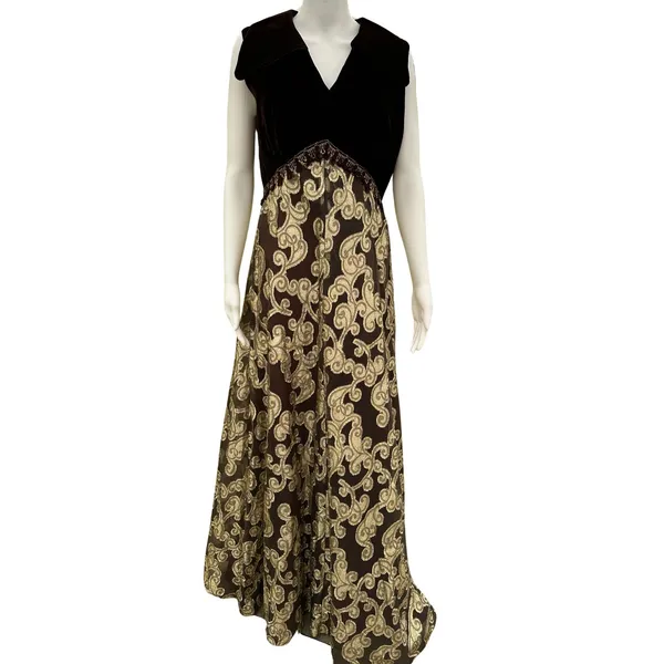 Brown and Gold Velvet and Lace Vintage Maxi Dress Med/Large - Image 2