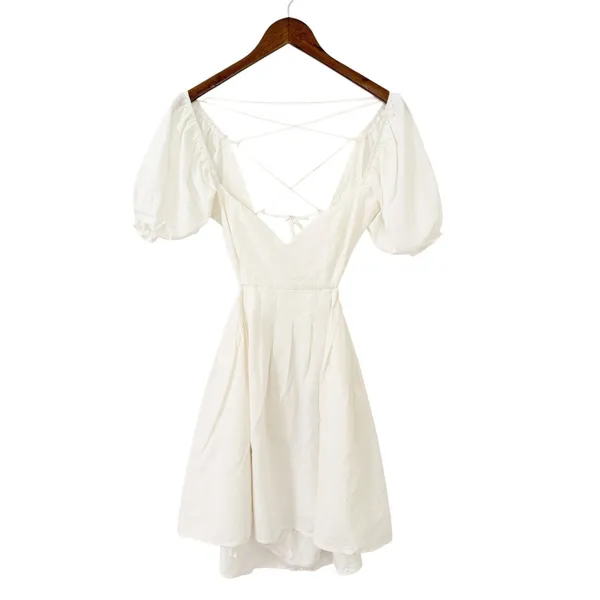 Lulus Love the Feeling White Puff Sleeve Lace-Up Cutout Mini Dress size Large - Image 3