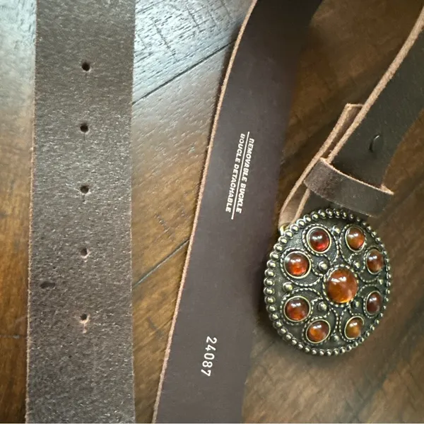 Women's Belt - BROWN‎ Leather - ORANGE STONES BUCKLE - Size 90/36 - Image 4