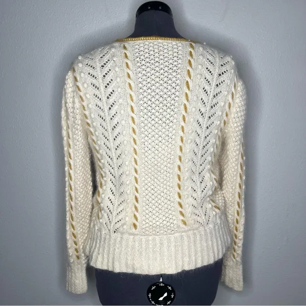 Hand Knit Cream Cable Knit Textured Cinched Waist Button Front Cardigan - Image 3