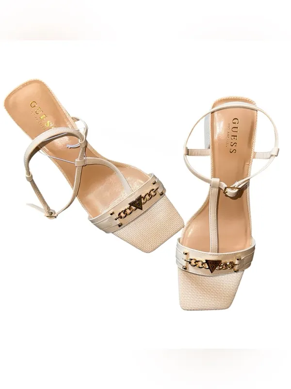 NEW Guess Off White Square Toe Chain Sandals T-Strap Heeled Mules with Gold - Image 5