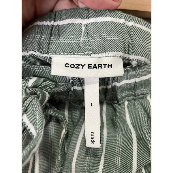 Cozy Earth Pajama Set Womens Large Green White Stripe Button Up Drawstring Pants - Image 14