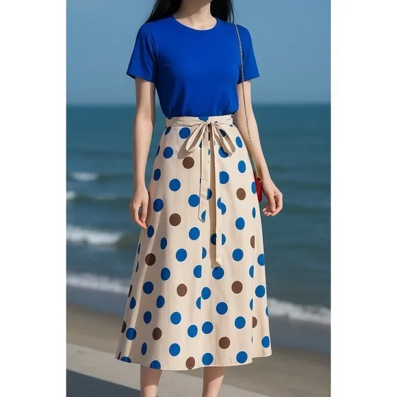 Chic Blue Tee and‎ Polka Dot Wrap Skirt Set Vintage Style Adjustable Waist S new - Image 2