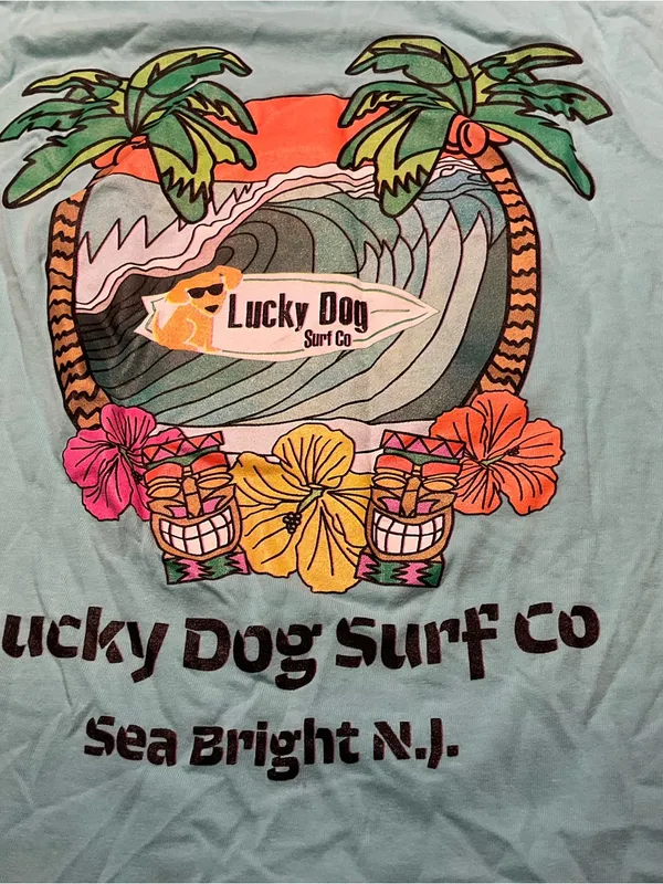 Lucky Dog Surf Co Sea Bright NJ Aqua Blue T Shirt Sz S - Image 7