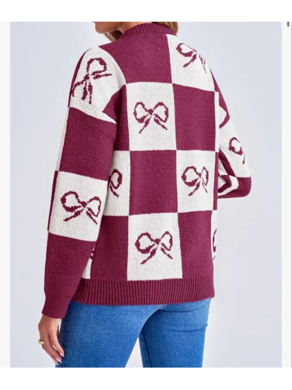 NEW Bow Checkered Button Down Cardigan Sweater S Red - Image 2