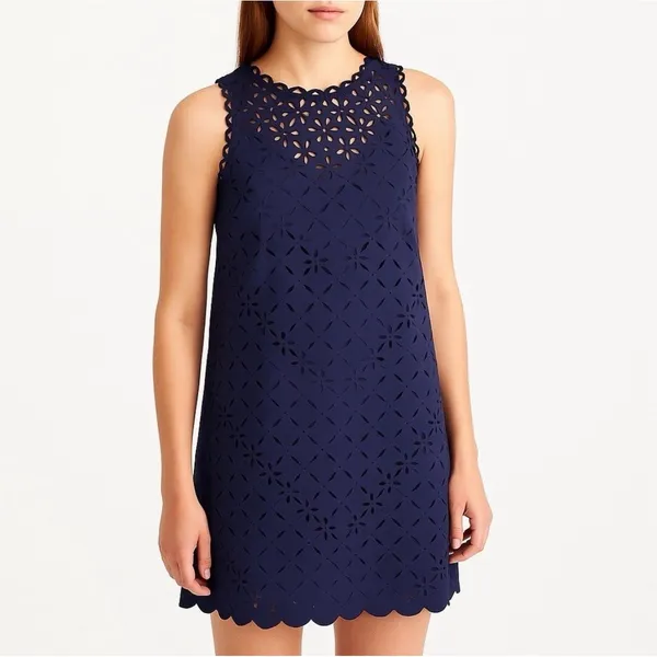 J.Crew Navy Blue‎ Laser Cut Shift Eyelet Dress Lined Sleeveless Womens Size 2 - Image 2