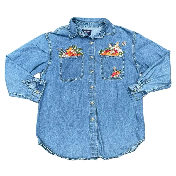 Vintage Cottagecore Autumn Embroidered Denim Shirt Harvest Teacher Western 90s M - Image 10