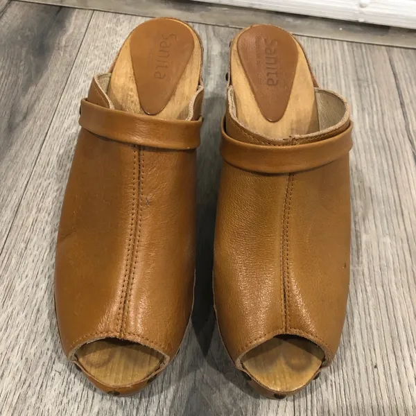 Sanita Leather Studded Wooden Heel Peep Open Toe Brown Heeled Clog Mules 39/8.5 - Image 3