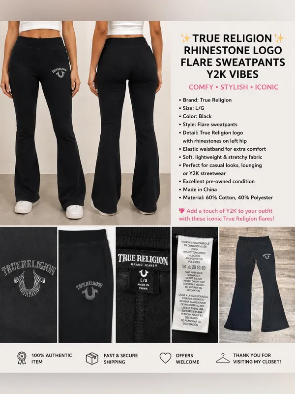 True Religion Black Rhinestone Logo Bootcut Lounge Pants Size L - Image 2
