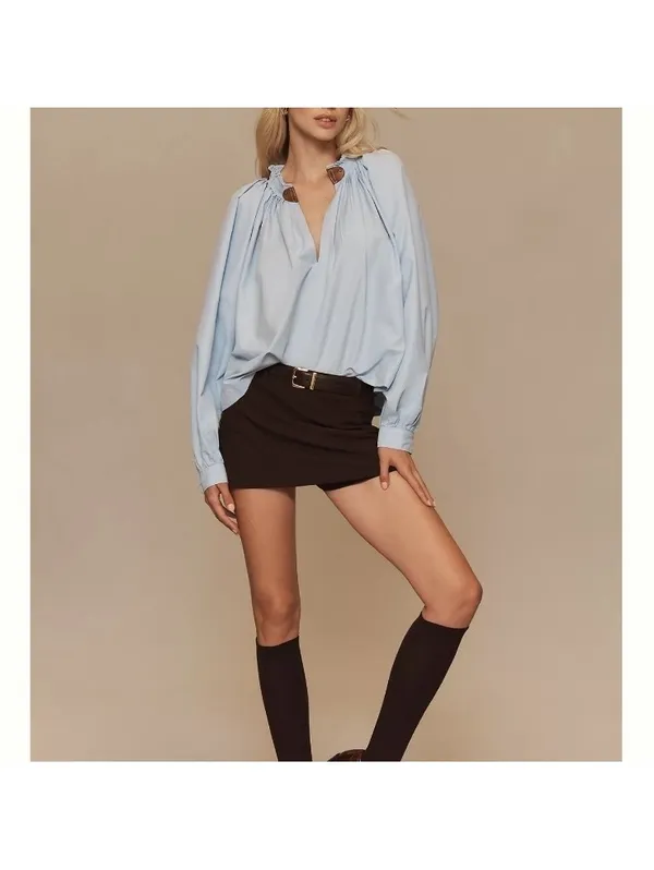 Maeve Anthropologie Pleated Trapeze Blouse Puff Sleeve Light Blue Women’s Small - Image 15