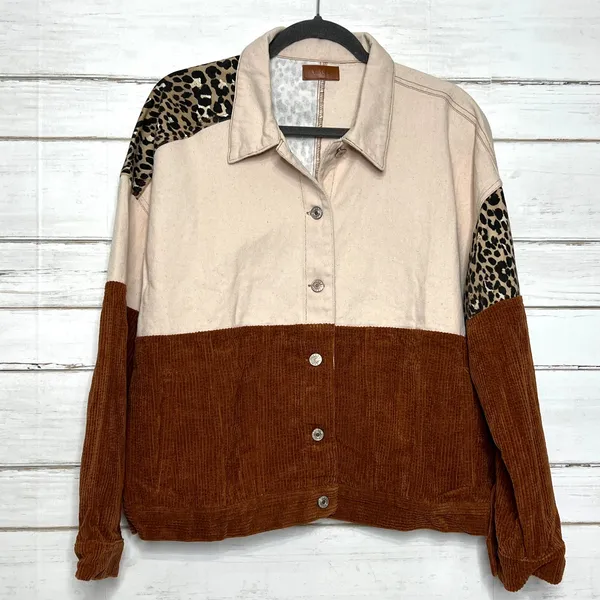 Umgee Color Block Corduroy Jacket Leopard Print Shacket Brown Size Medium - Image 2