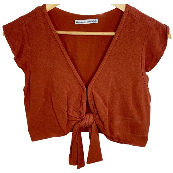 Abercrombie & Fitch Rust Orange Red V-Neck Short Sleeve Ruffle Crop Top Size S - Image 2