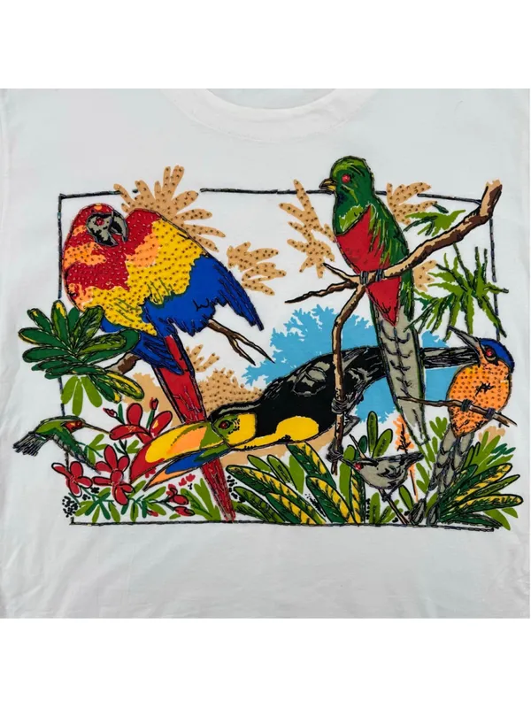 Vintage 90s Tee Tropical Birds Flowers Heavily Beaded Art to Wear Cotton Medium - Image 3