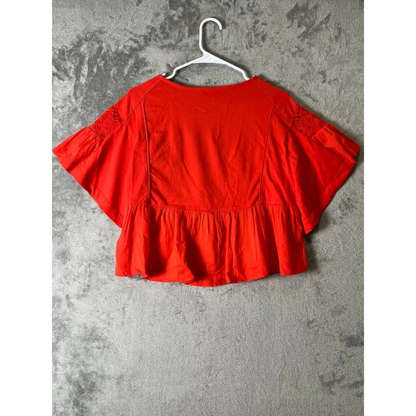 Maeve Anthropologie Embellished Cotton Swing Top Orange Flutter Sleeve Small - Image 3
