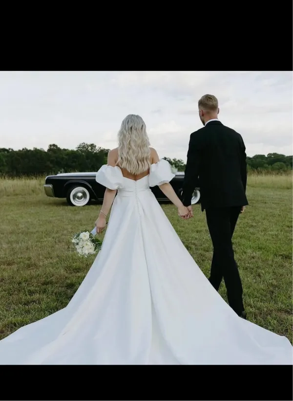 Mori Lee Satin Puff Sleeve Wedding Gown - Image 3