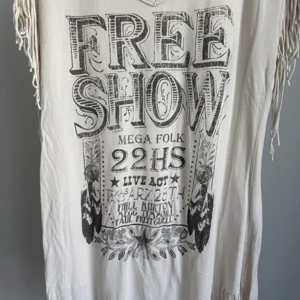 Bershka‎ Womens Large Fringe Tunic Top Free Show Graphic Bohemian Festival - Image 4