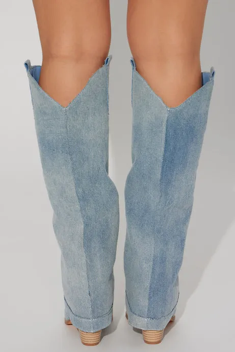 Blue Denim Knee High Cowboy Boots Size 8.5 - Image 6