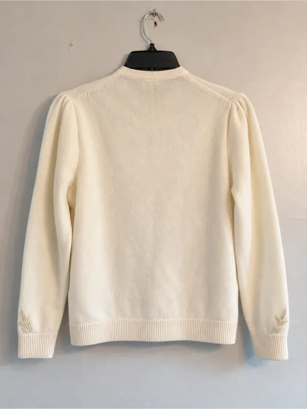 Mademoiselle Cardigan Women 42 US 8 Cream Excellent Vintage Floral Beaded Pearl - Image 2