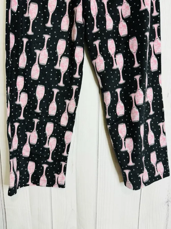 Charter Club Intimates Pajama Set Sz L Black Pink Wine Glasses Fleece Pockets - Image 11